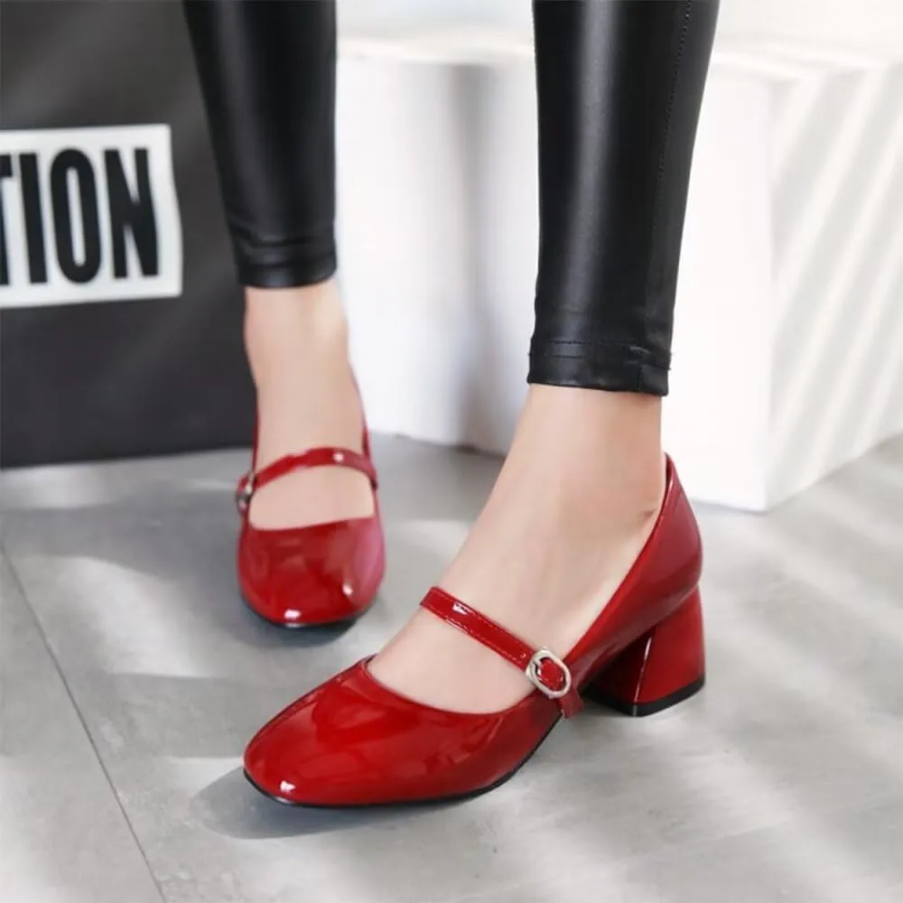 Hee grand Vintage Mary Jane Shoes Chunky Heels for Women Square Toe Adjustable Strap Pump PU Leather Brogue Work Heels Dress Shoes