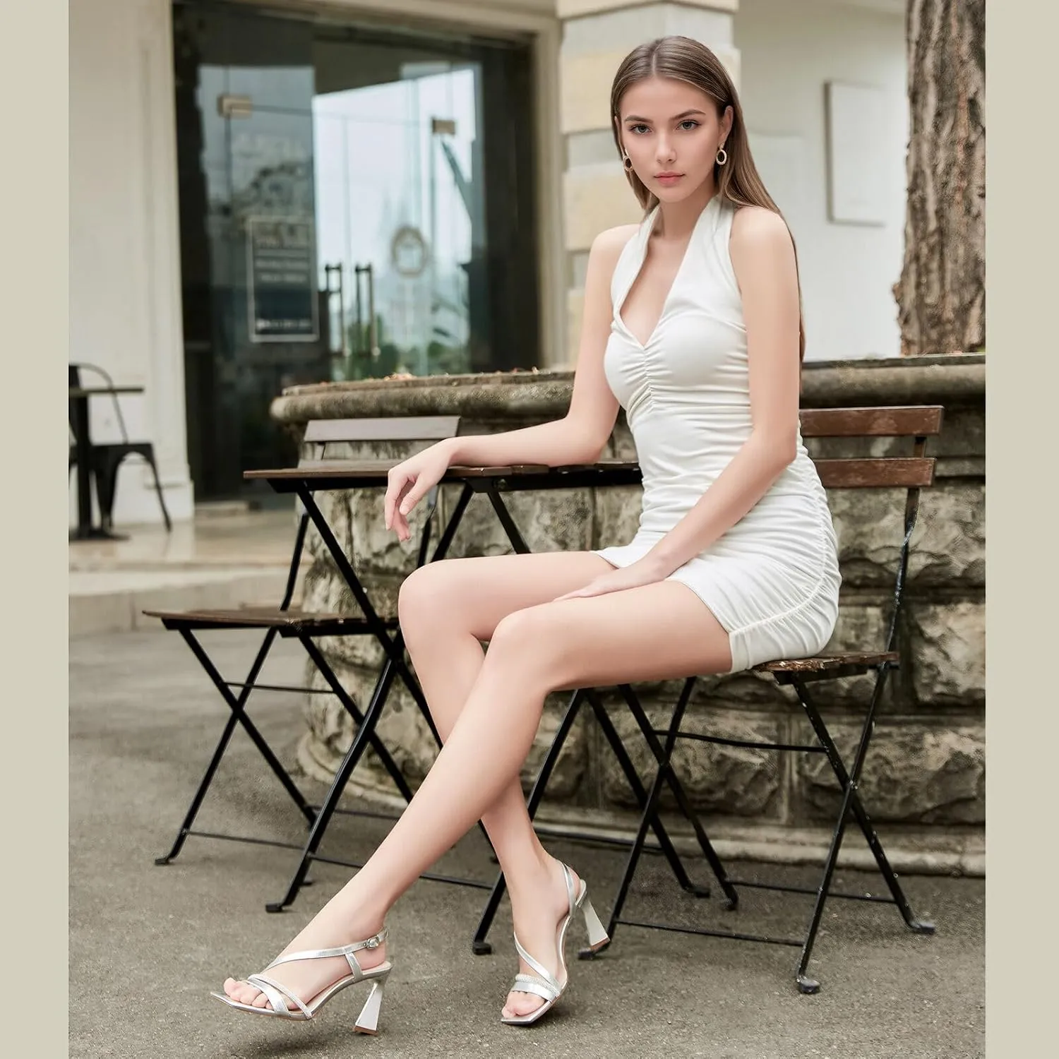 Heeled sandals for women Open Square Toe high Heels Ankle-Strap Stiletto sandals stylish Rhinestone Strap High Heels
