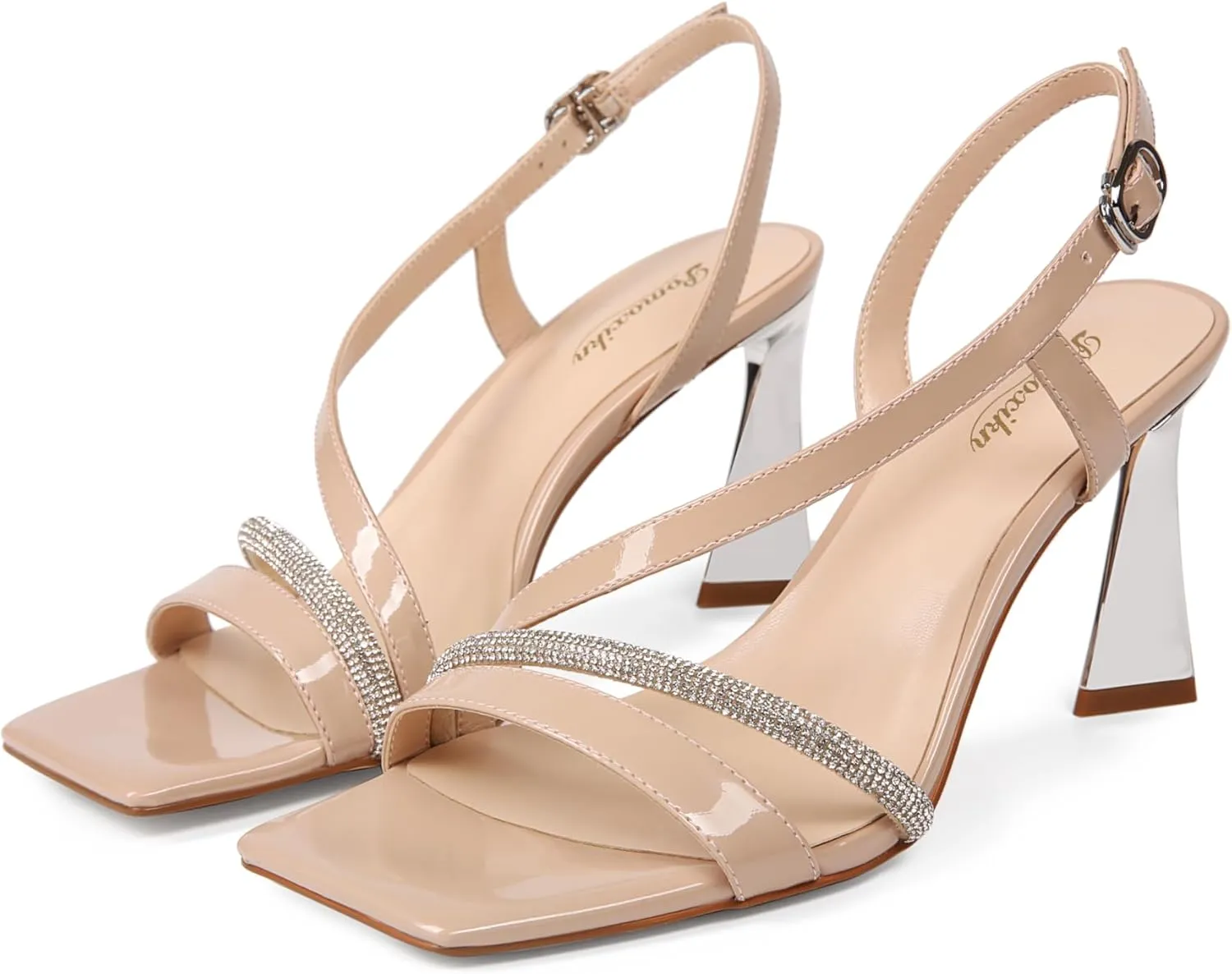 Heeled sandals for women Open Square Toe high Heels Ankle-Strap Stiletto sandals stylish Rhinestone Strap High Heels