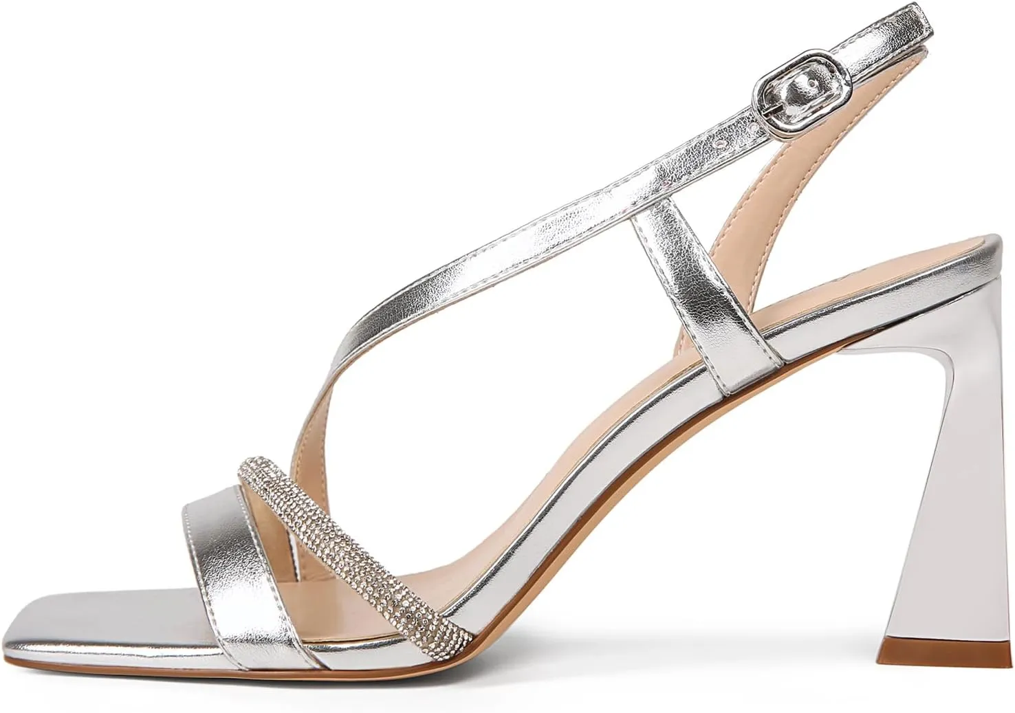 Heeled sandals for women Open Square Toe high Heels Ankle-Strap Stiletto sandals stylish Rhinestone Strap High Heels