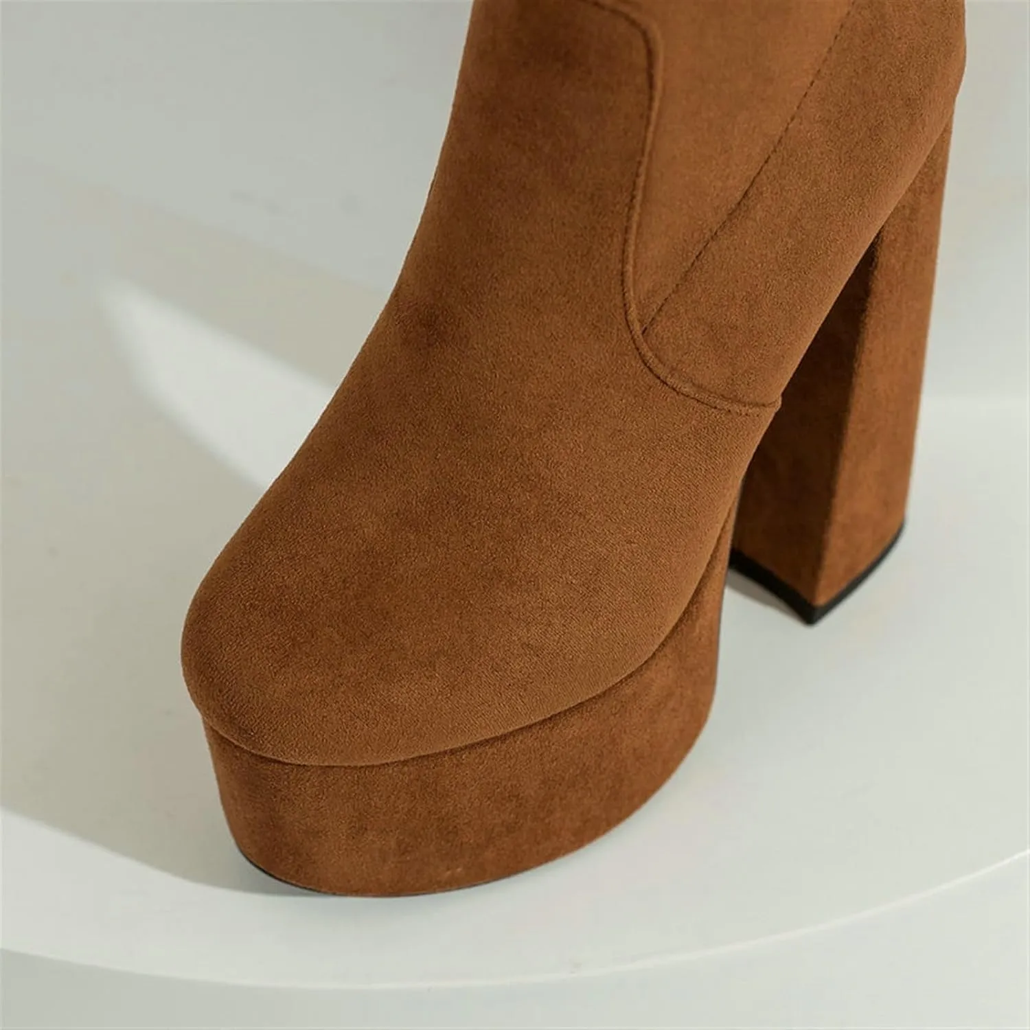 High Heels White Women’s Leather Knee High Boots Waterproof Platform with Square High Heels for Ladies