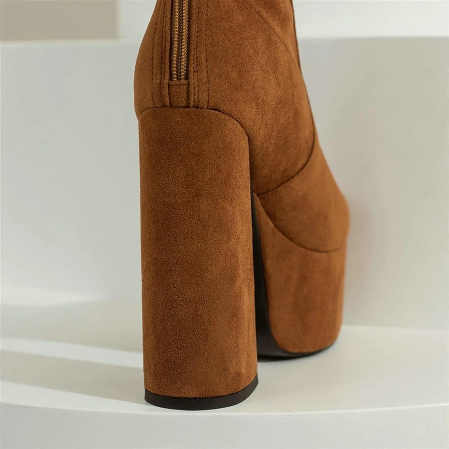 High Heels White Women’s Leather Knee High Boots Waterproof Platform with Square High Heels for Ladies