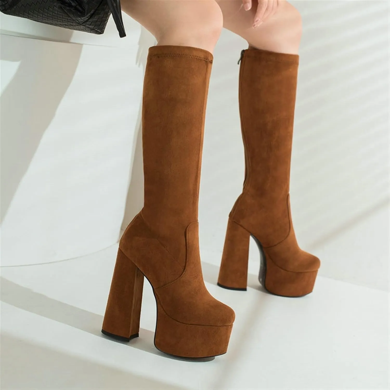 High Heels White Women’s Leather Knee High Boots Waterproof Platform with Square High Heels for Ladies