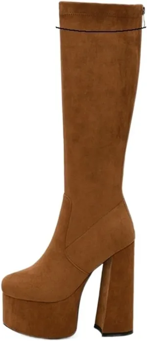 High Heels White Women’s Leather Knee High Boots Waterproof Platform with Square High Heels for Ladies