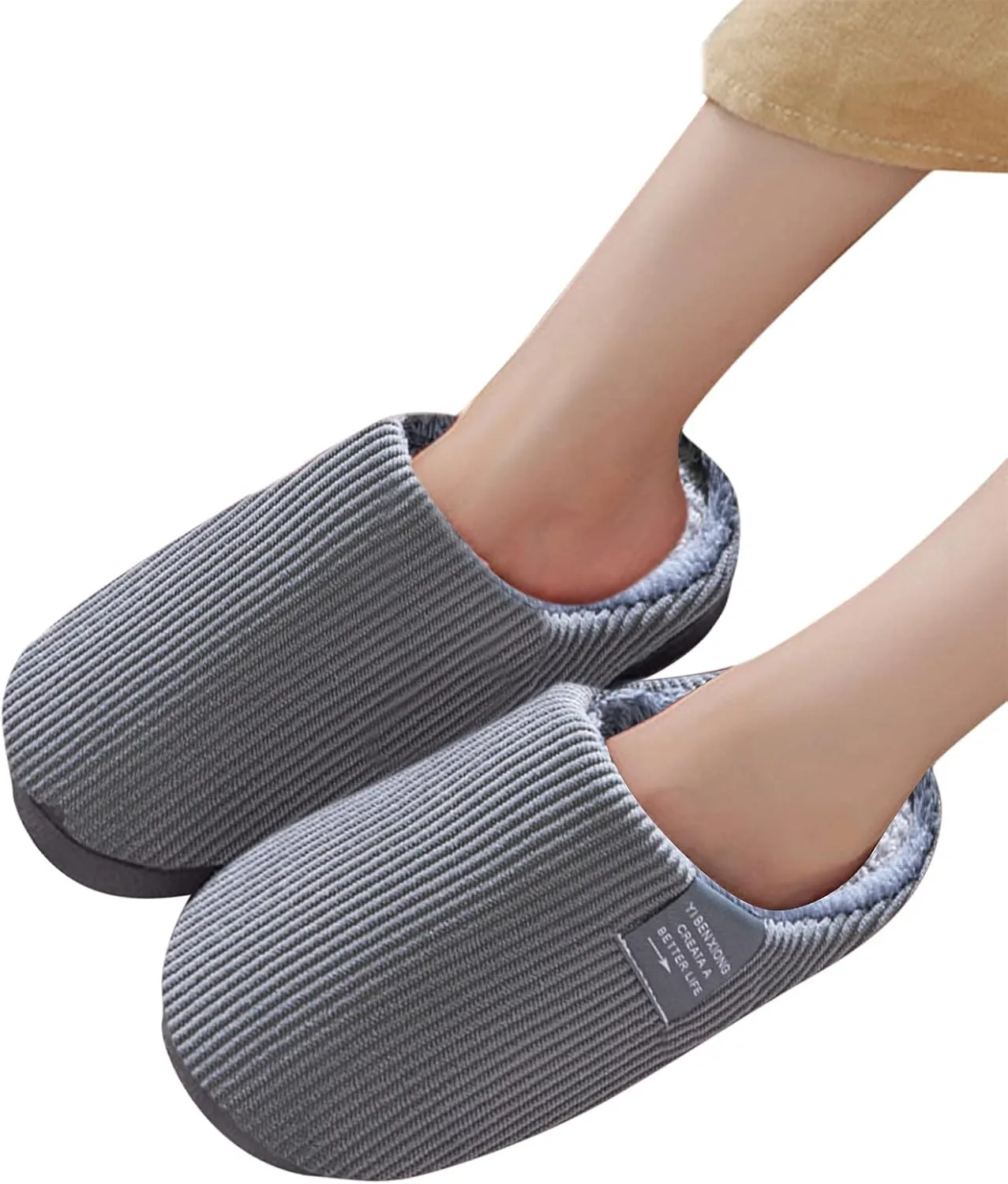 House Slippers for Men with Fuzzy Collar Memory Foam Bedroom Slippers Non-Slip Cute Indoor Bedroom Home Slippers
