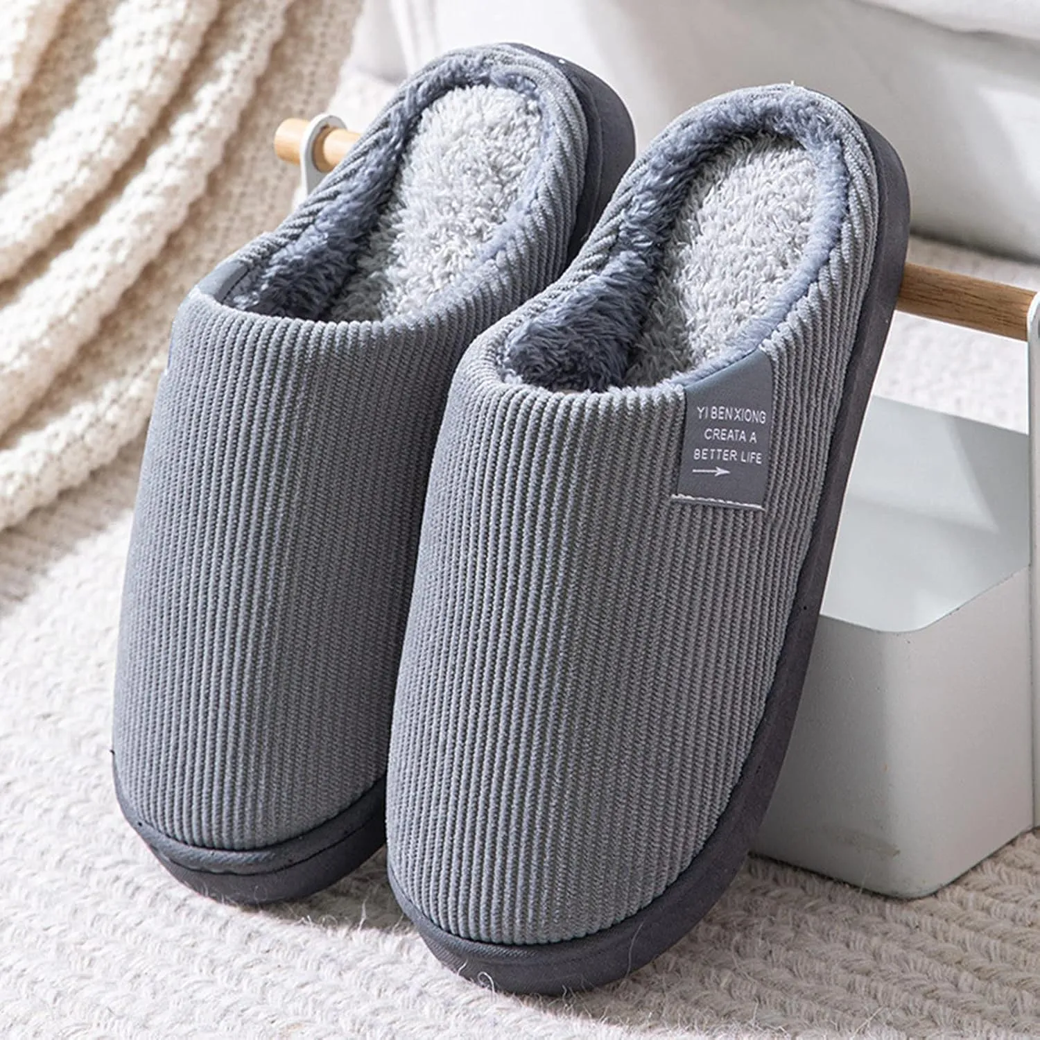 House Slippers for Men with Fuzzy Collar Memory Foam Bedroom Slippers Non-Slip Cute Indoor Bedroom Home Slippers