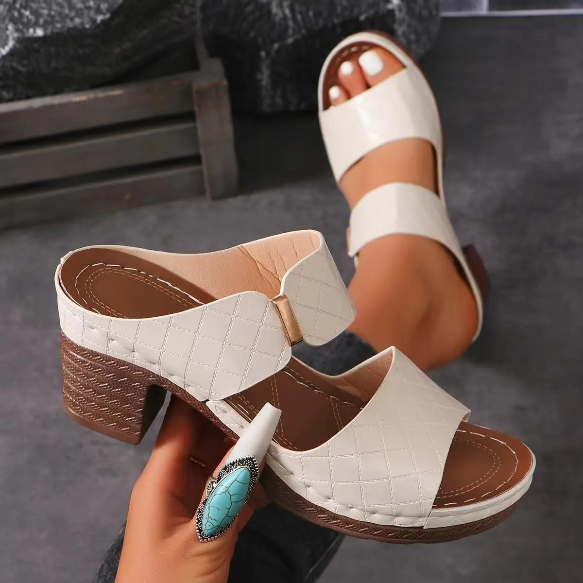 Ladmiple Chunky Heels For Women Backless Open Toe Ankle Strap Comfortable Dressy Block Heels Sandals Wedding Pumps Shoes