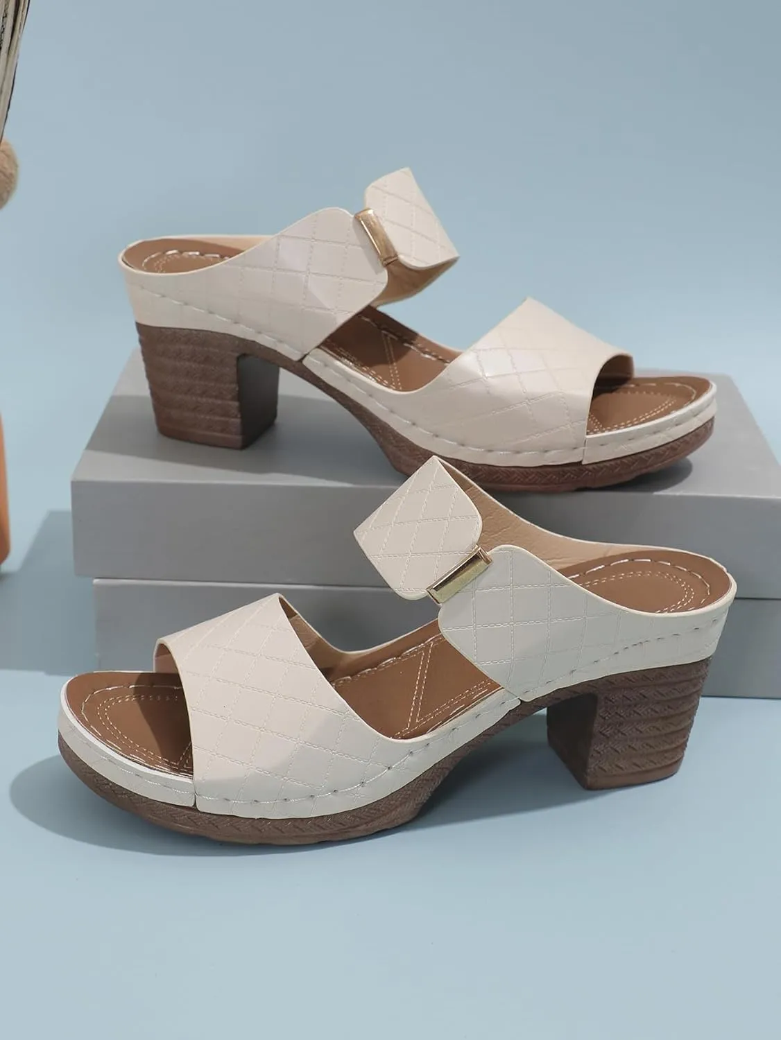 Ladmiple Chunky Heels For Women Backless Open Toe Ankle Strap Comfortable Dressy Block Heels Sandals Wedding Pumps Shoes