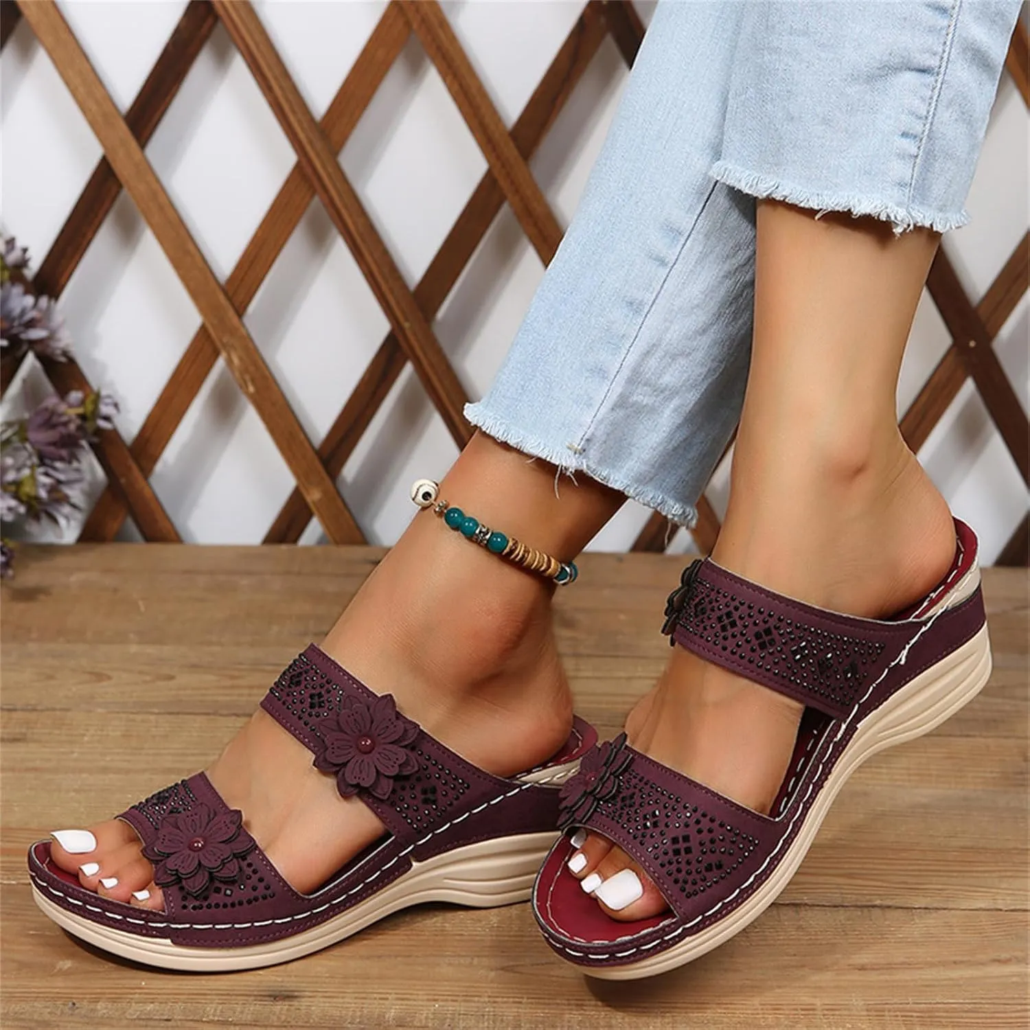 Ladmiple Sandals Women 2023 Fashion Flower Orthopedic Flip Flops Arch Support Wedge Slippers Casual Roman Slip On Sandal