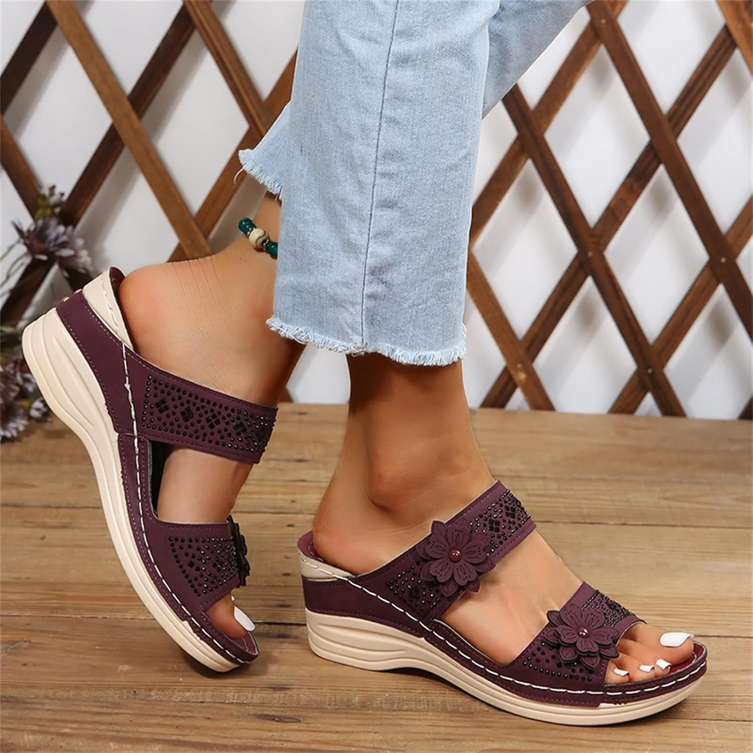 Ladmiple Sandals Women 2023 Fashion Flower Orthopedic Flip Flops Arch Support Wedge Slippers Casual Roman Slip On Sandal