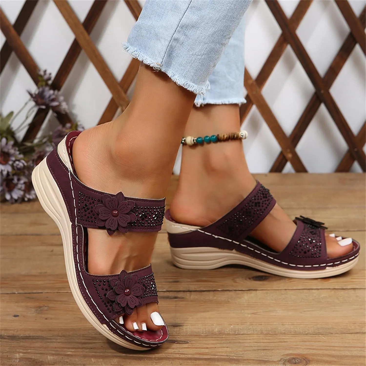 Ladmiple Sandals Women 2023 Fashion Flower Orthopedic Flip Flops Arch Support Wedge Slippers Casual Roman Slip On Sandal