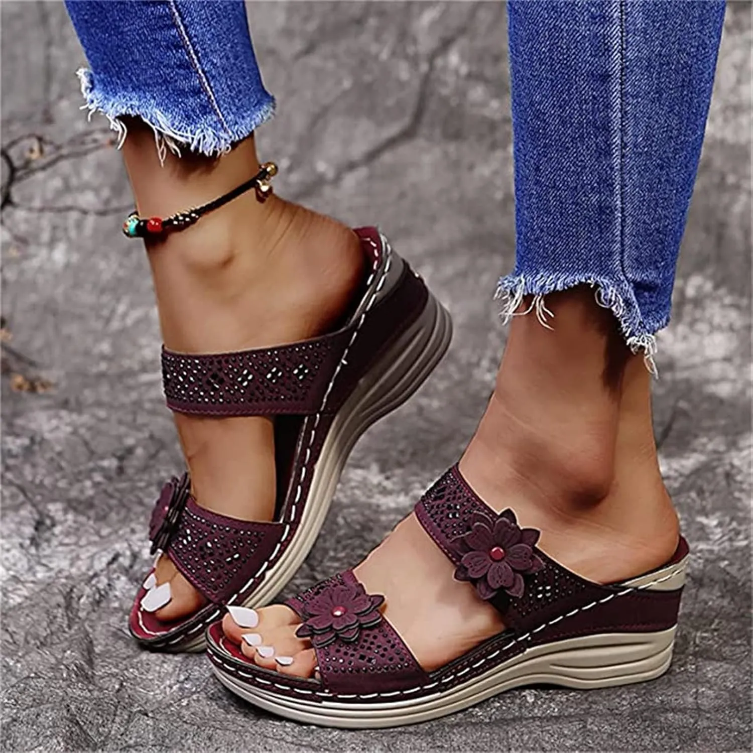 Ladmiple Sandals Women 2023 Fashion Flower Orthopedic Flip Flops Arch Support Wedge Slippers Casual Roman Slip On Sandal