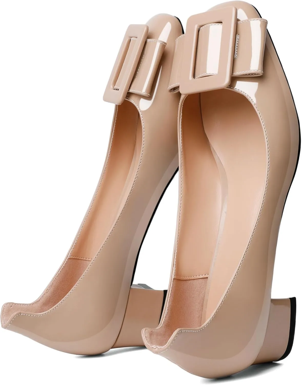 Mettesally Women's Block Low Heels Chunky Heel Closed Square Toe Slip on Comfortable Business Party Dress Pumps Shoes with Buckle