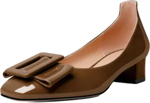 Mettesally Women's Block Low Heels Chunky Heel Closed Square Toe Slip on Comfortable Business Party Dress Pumps Shoes with Buckle
