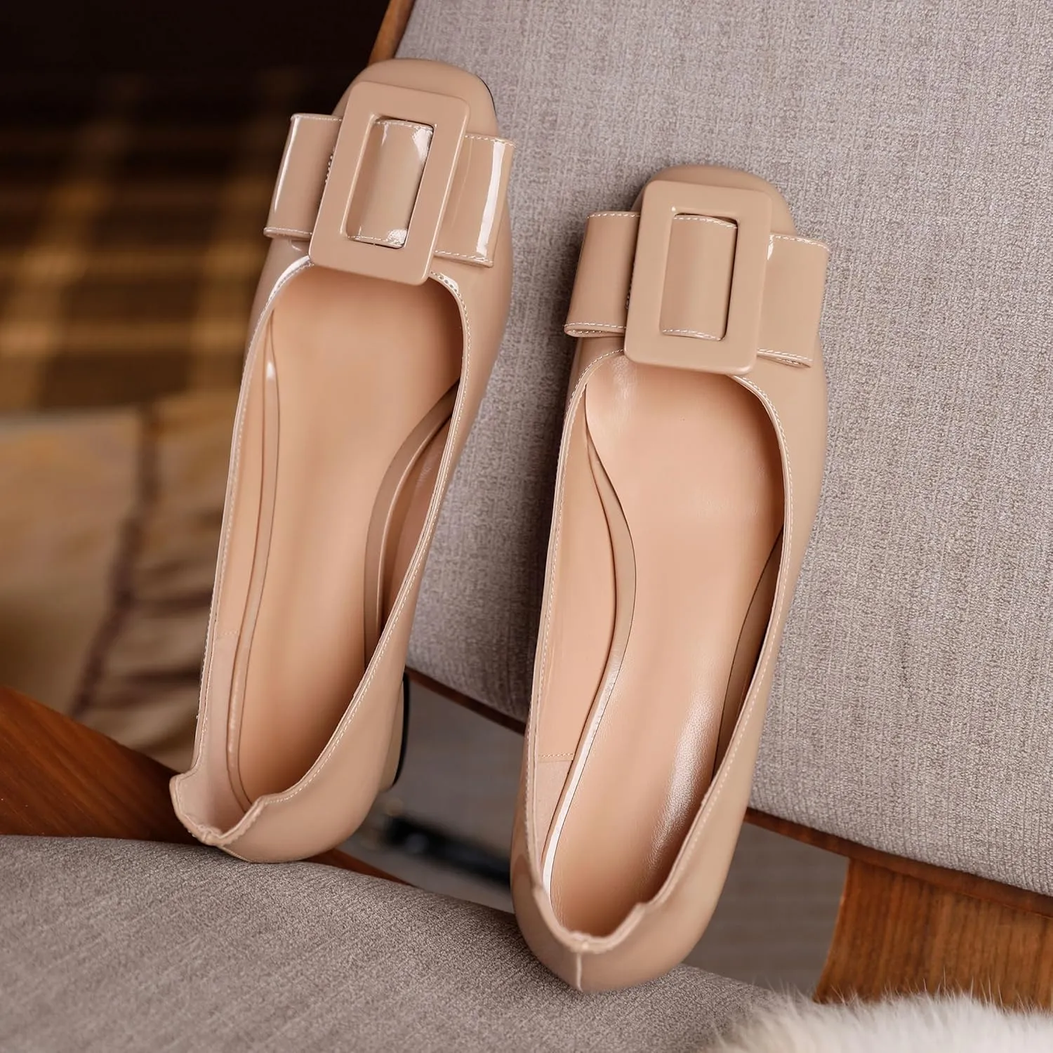 Mettesally Women's Block Low Heels Chunky Heel Closed Square Toe Slip on Comfortable Business Party Dress Pumps Shoes with Buckle