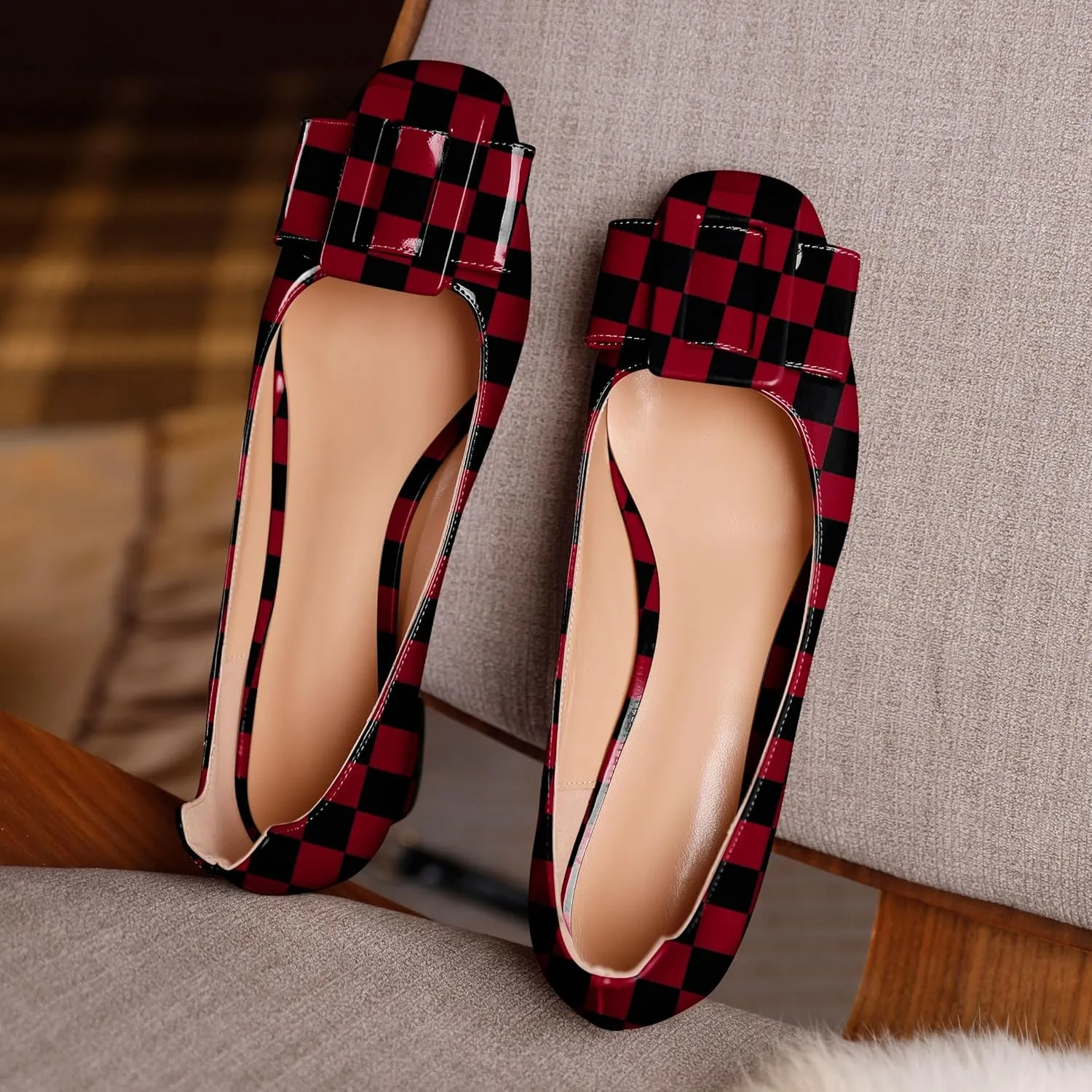 Mettesally Women's Block Low Heels Chunky Heel Closed Square Toe Slip on Comfortable Business Party Dress Pumps Shoes with Buckle
