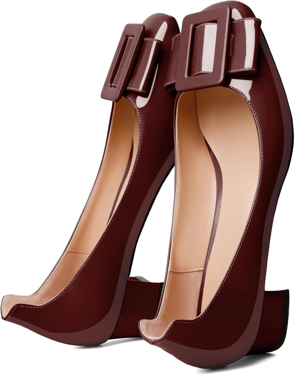 Mettesally Women's Block Low Heels Chunky Heel Closed Square Toe Slip on Comfortable Business Party Dress Pumps Shoes with Buckle