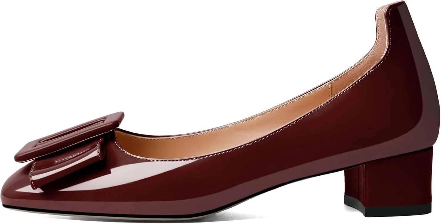 Mettesally Women's Block Low Heels Chunky Heel Closed Square Toe Slip on Comfortable Business Party Dress Pumps Shoes with Buckle