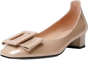 Mettesally Women's Block Low Heels Chunky Heel Closed Square Toe Slip on Comfortable Business Party Dress Pumps Shoes with Buckle