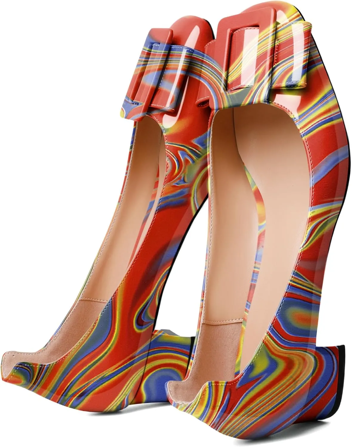 Mettesally Women's Block Low Heels Chunky Heel Closed Square Toe Slip on Comfortable Business Party Dress Pumps Shoes with Buckle