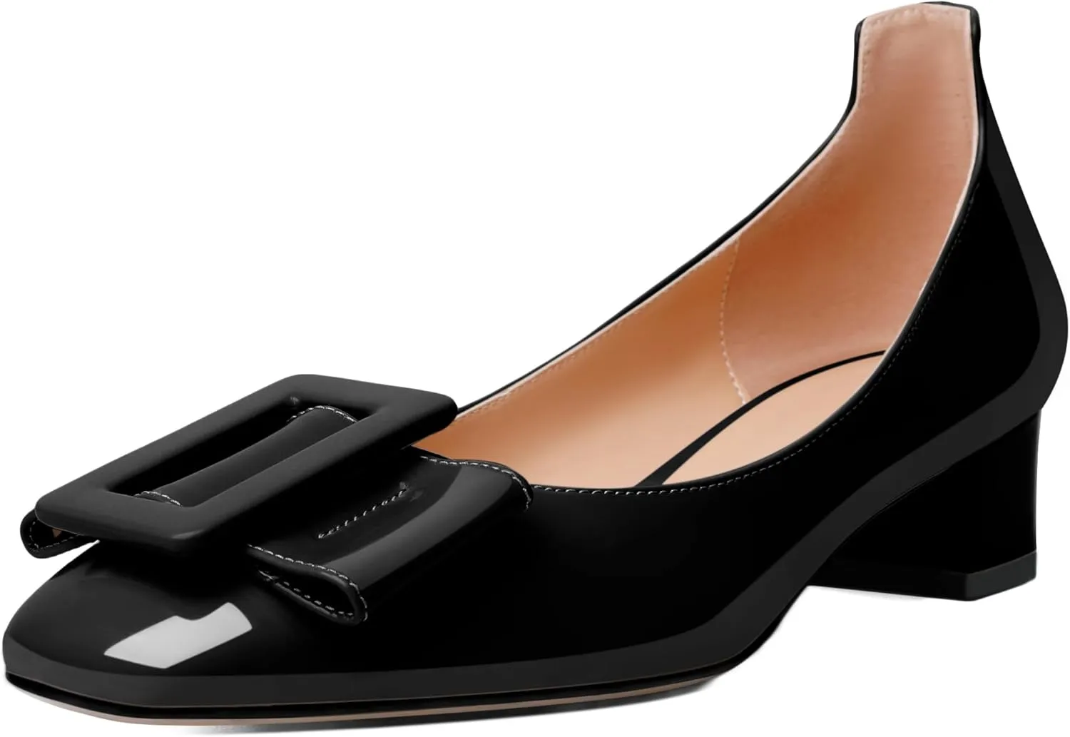 Mettesally Women's Block Low Heels Chunky Heel Closed Square Toe Slip on Comfortable Business Party Dress Pumps Shoes with Buckle