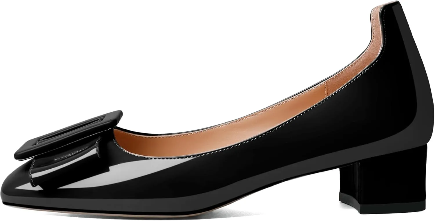 Mettesally Women's Block Low Heels Chunky Heel Closed Square Toe Slip on Comfortable Business Party Dress Pumps Shoes with Buckle