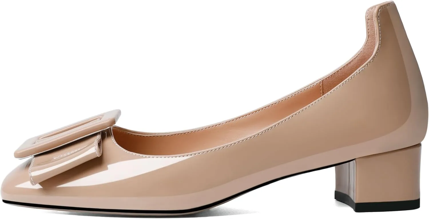 Mettesally Women's Block Low Heels Chunky Heel Closed Square Toe Slip on Comfortable Business Party Dress Pumps Shoes with Buckle