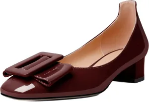 Mettesally Women's Block Low Heels Chunky Heel Closed Square Toe Slip on Comfortable Business Party Dress Pumps Shoes with Buckle