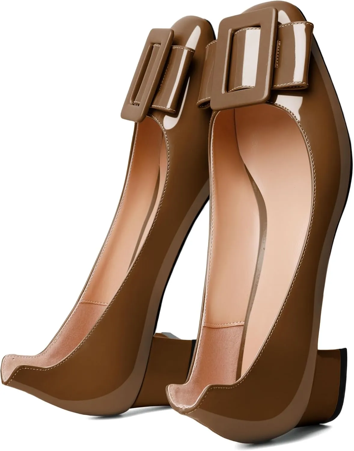 Mettesally Women's Block Low Heels Chunky Heel Closed Square Toe Slip on Comfortable Business Party Dress Pumps Shoes with Buckle