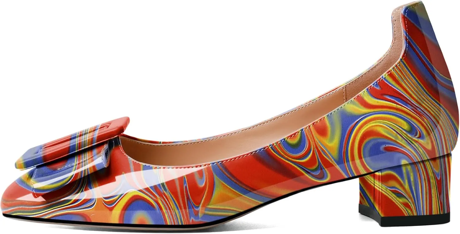 Mettesally Women's Block Low Heels Chunky Heel Closed Square Toe Slip on Comfortable Business Party Dress Pumps Shoes with Buckle