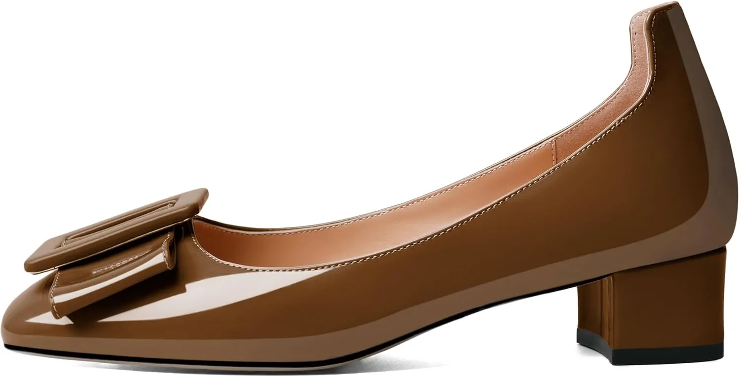 Mettesally Women's Block Low Heels Chunky Heel Closed Square Toe Slip on Comfortable Business Party Dress Pumps Shoes with Buckle