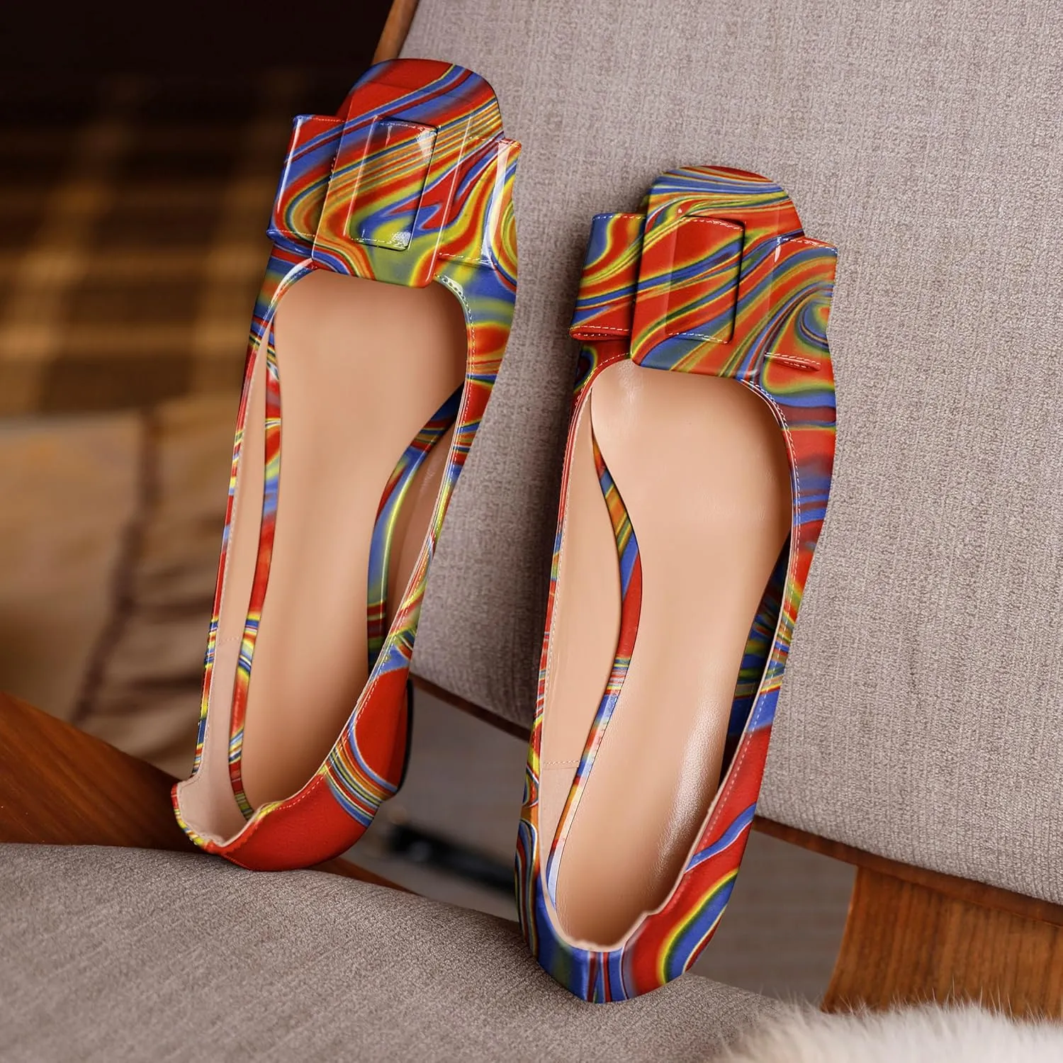 Mettesally Women's Block Low Heels Chunky Heel Closed Square Toe Slip on Comfortable Business Party Dress Pumps Shoes with Buckle