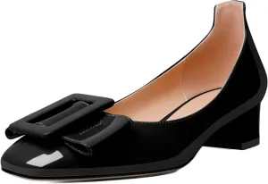 Mettesally Women's Block Low Heels Chunky Heel Closed Square Toe Slip on Comfortable Business Party Dress Pumps Shoes with Buckle