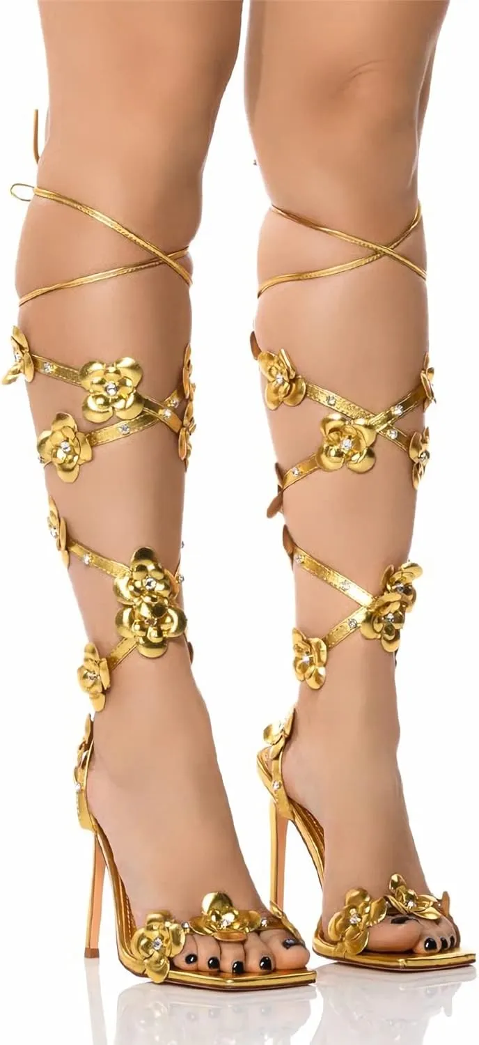 MissHeel Flower Embellished Lace Up Strappy High Heels