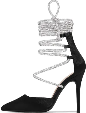 MissHeel Rhinestone Lace Up High Heels Closed Toe