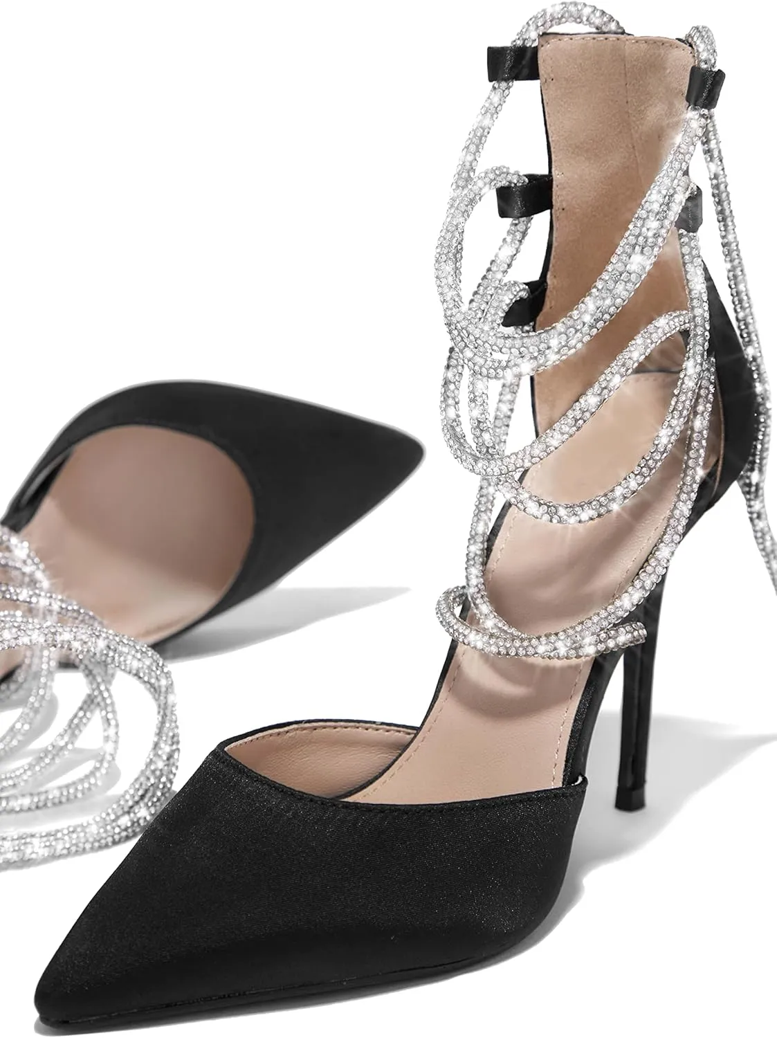 MissHeel Rhinestone Lace Up High Heels Closed Toe