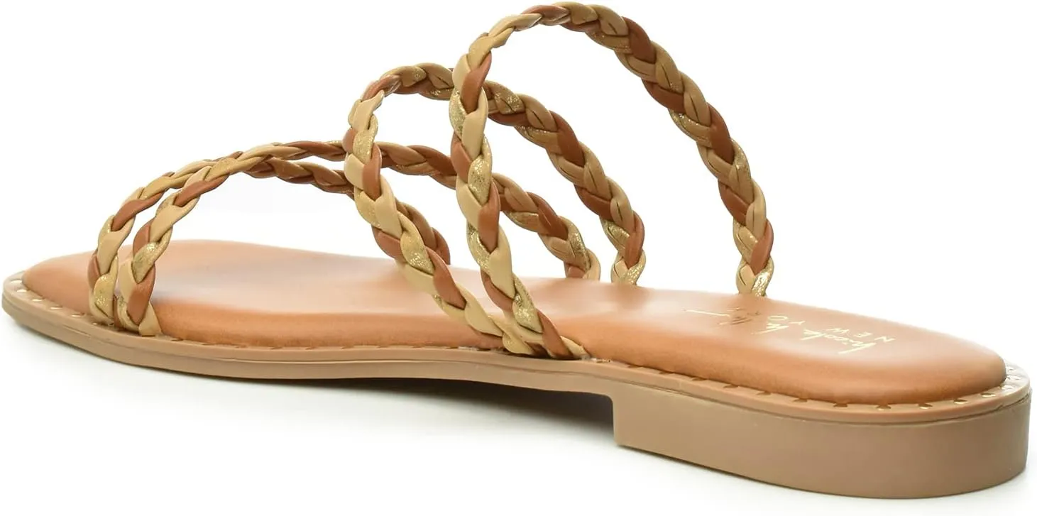 Nicole Miller Bradie Women Flat Sandals - Square Open Toe Flat Slides for Women - Lightweight & Sturdy Sandals for Indoor & Outdoor - Super Soft Memory Foam Slide Sandals - Casual Style Flat Sandals