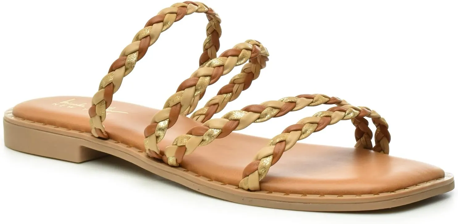Nicole Miller Bradie Women Flat Sandals - Square Open Toe Flat Slides for Women - Lightweight & Sturdy Sandals for Indoor & Outdoor - Super Soft Memory Foam Slide Sandals - Casual Style Flat Sandals
