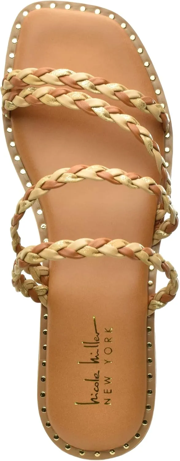 Nicole Miller Bradie Women Flat Sandals - Square Open Toe Flat Slides for Women - Lightweight & Sturdy Sandals for Indoor & Outdoor - Super Soft Memory Foam Slide Sandals - Casual Style Flat Sandals