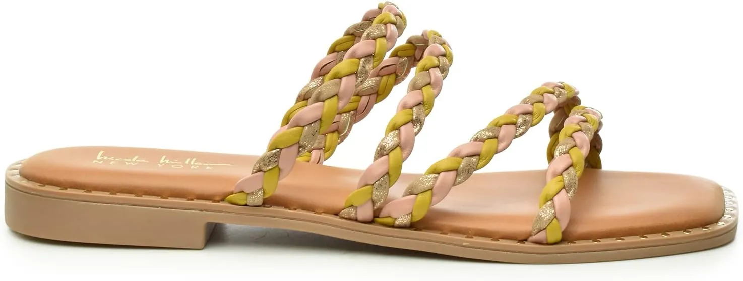 Nicole Miller Bradie Women Flat Sandals - Square Open Toe Flat Slides for Women - Lightweight & Sturdy Sandals for Indoor & Outdoor - Super Soft Memory Foam Slide Sandals - Casual Style Flat Sandals