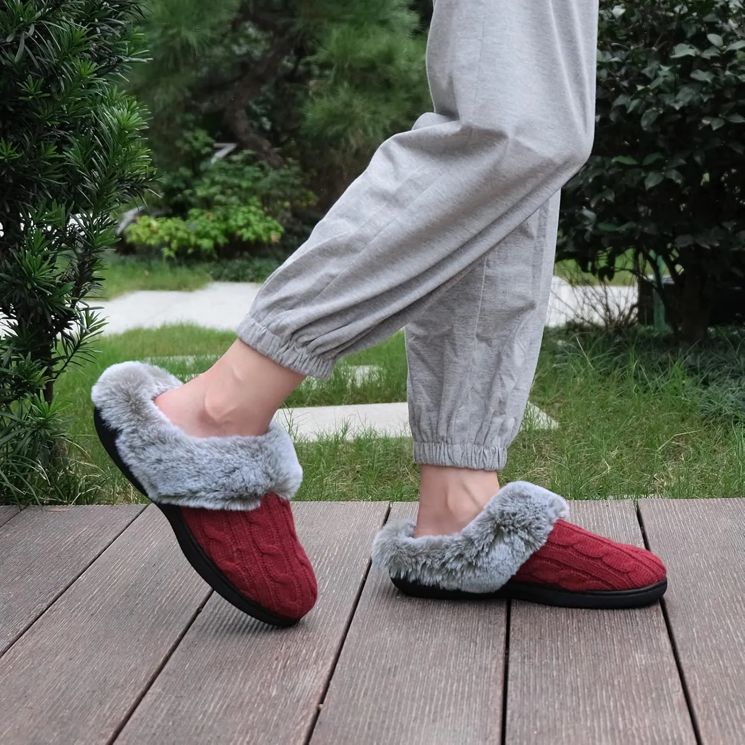 Parlovable Women's Fuzzy House Slippers Warm Soft Memory Foam Bedroom Shoes Slip on Cable Knit Rubber Sole Indoor