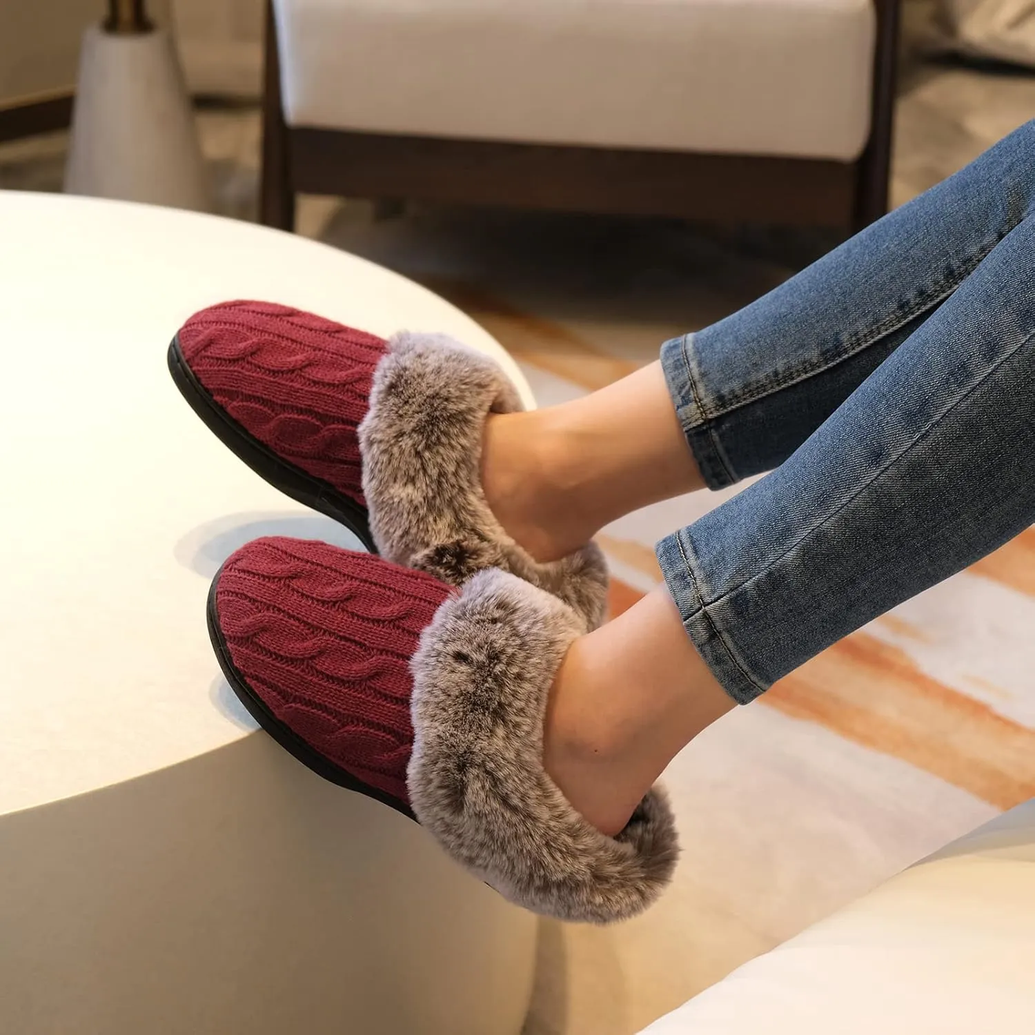 Parlovable Women's Fuzzy House Slippers Warm Soft Memory Foam Bedroom Shoes Slip on Cable Knit Rubber Sole Indoor