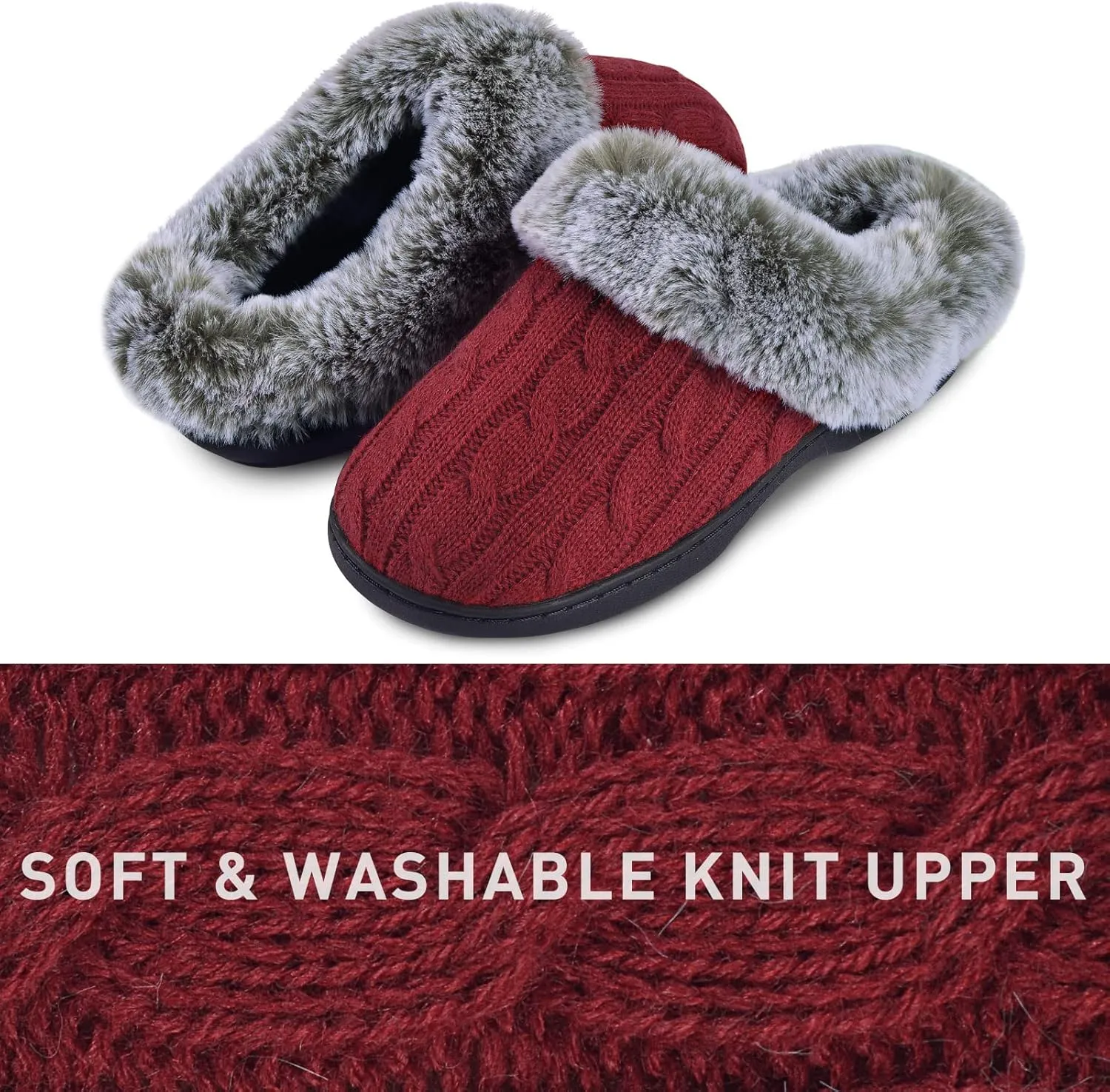 Parlovable Women's Fuzzy House Slippers Warm Soft Memory Foam Bedroom Shoes Slip on Cable Knit Rubber Sole Indoor