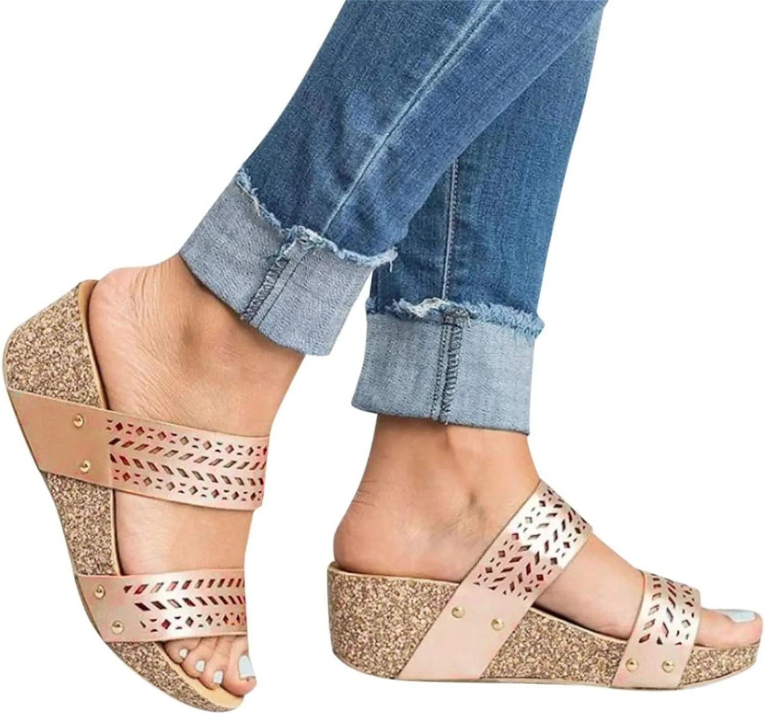 Platform Sandals Women Wedge Ankle Band Cork Platform Slip-Resistant Sole Casual Beach Walking Sandals 2025 Spring and Summer Vacation