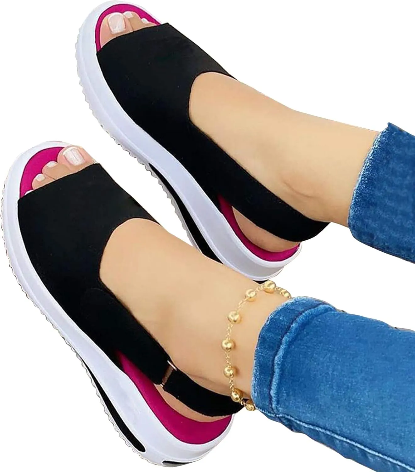 Platform Sandals Women Wedge Cork Footbed Elastic Ankle Strap Casual Walking Sandals Non-Slip Sole Beachwear 2025 Spring and Summer Vacation