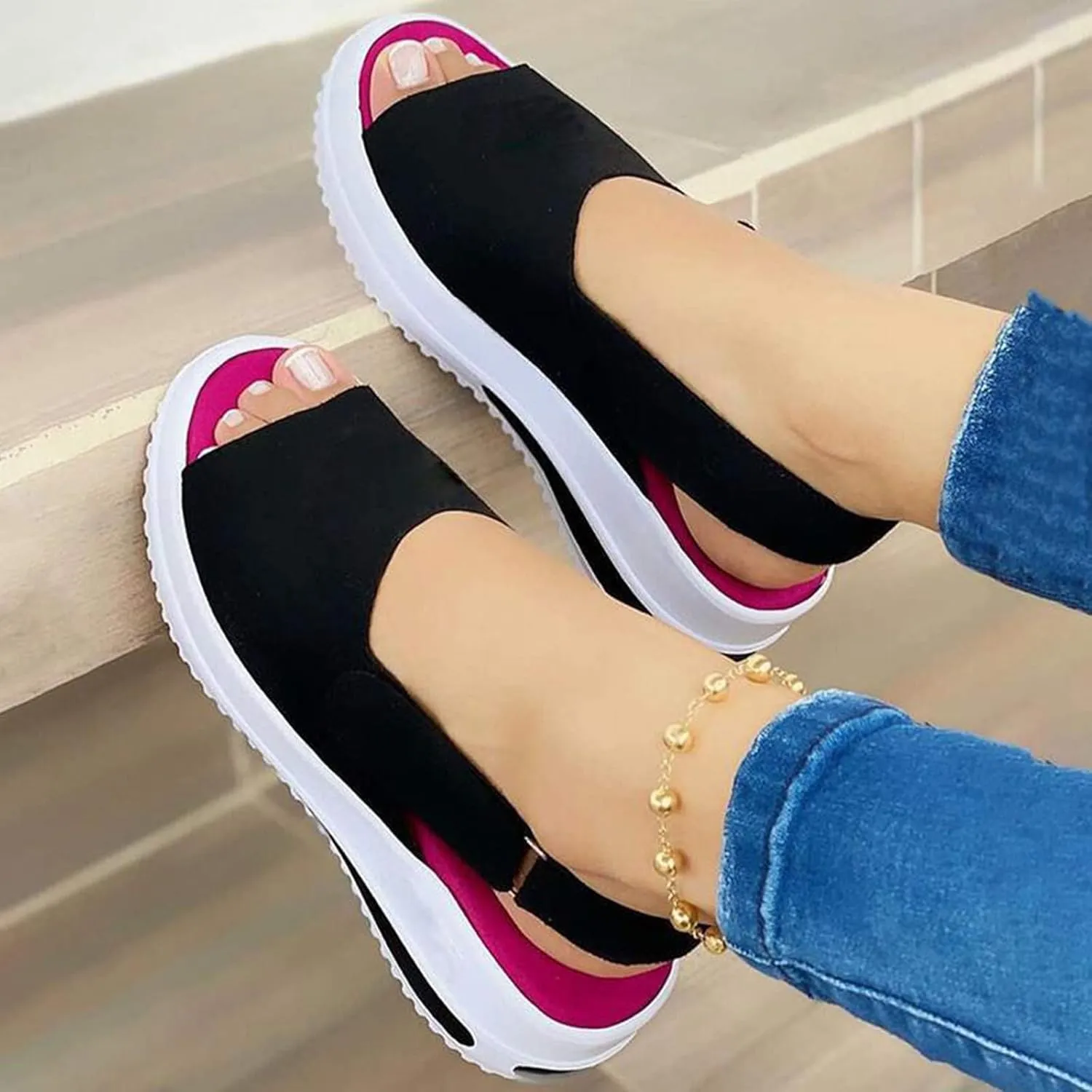 Platform Sandals Women Wedge Cork Footbed Elastic Ankle Strap Casual Walking Sandals Non-Slip Sole Beachwear 2025 Spring and Summer Vacation