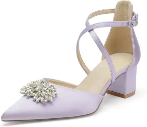 Pointed Toe Satin Wedding Shoes - White Low Heels, Rhinestones, Cross Strappy Block Heels - Comfortable Dress Shoes for Women