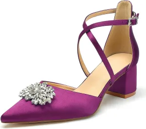Pointed Toe Satin Wedding Shoes - White Low Heels, Rhinestones, Cross Strappy Block Heels - Comfortable Dress Shoes for Women