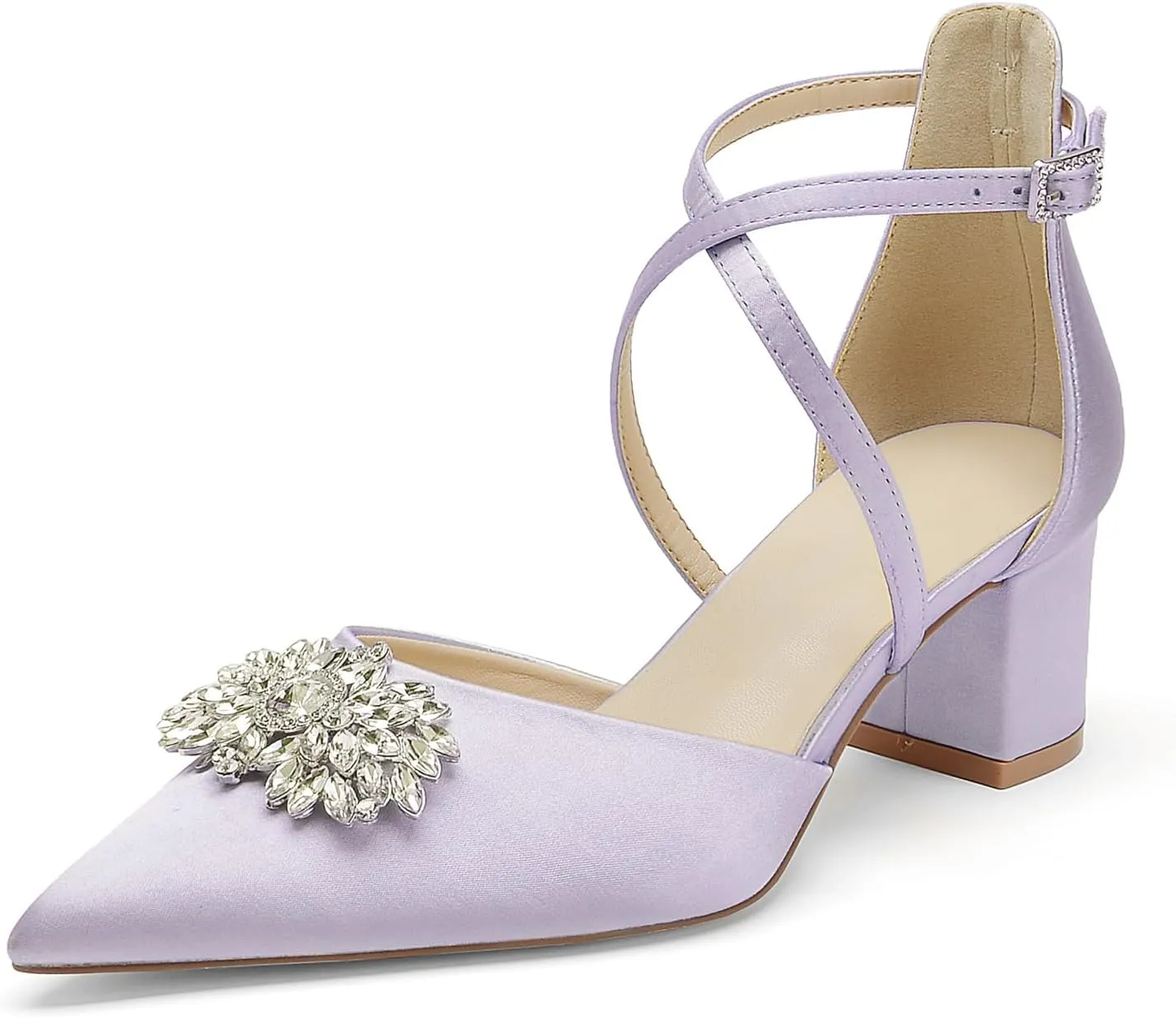 Pointed Toe Satin Wedding Shoes - White Low Heels, Rhinestones, Cross Strappy Block Heels - Comfortable Dress Shoes for Women