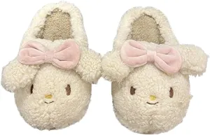 Premium Comfort Closed Back Cute Rabbit Bow Women's Fuzzy House Slippers Indoor Soft Warm Kawaii Shoes